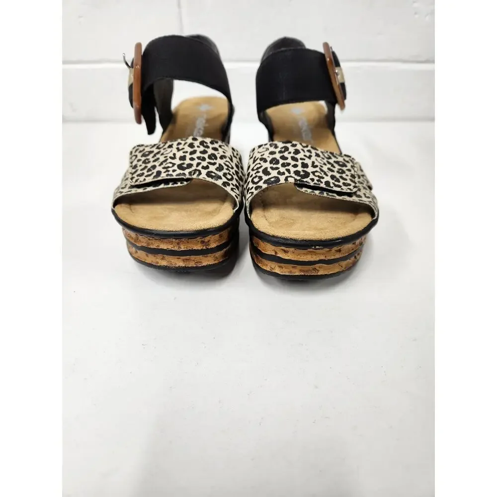 Rieker Women's 68176 Rose Wedge Sandals, Size 38 (7-7.5) In Ginger/Schwarz/Gold